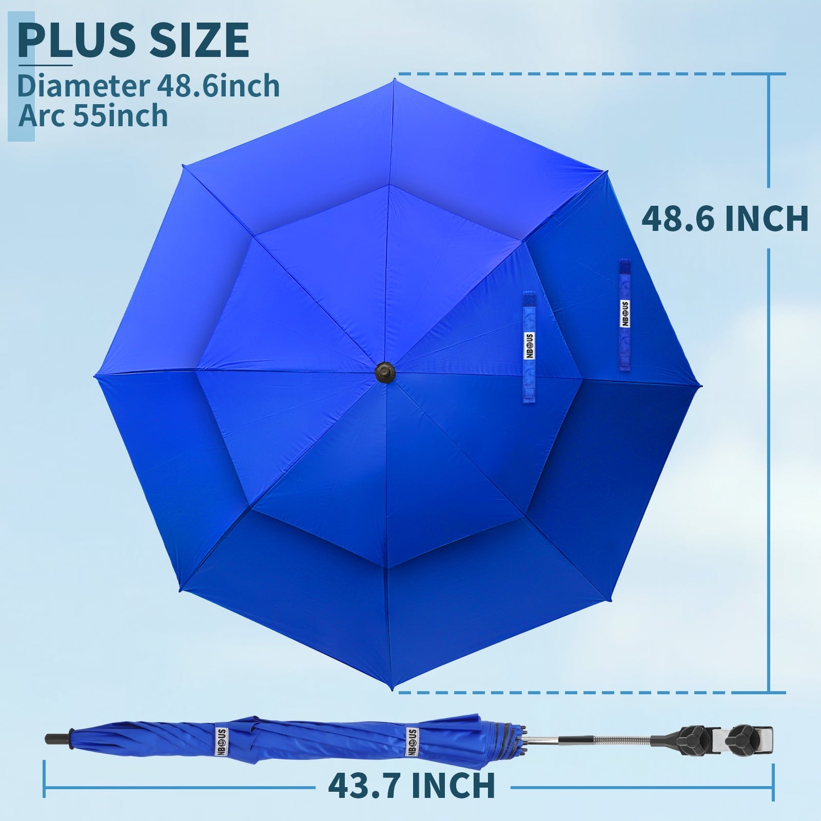 2 Pack 48.6" Double Canopy Umbrella with Clamp, UPF50+ Beach Chair Umbrella with clip, 360° Outdoor Wheelchair, Patio, Golf Carts,Camping(Blue, Not Include Chair)