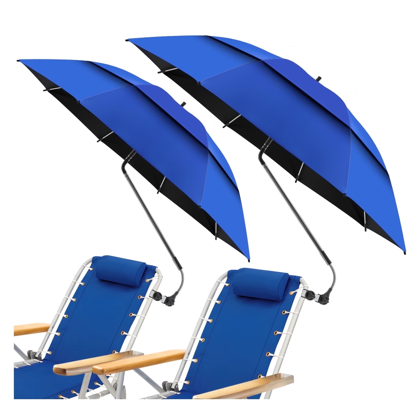 2 Pack 48.6" Double Canopy Umbrella with Clamp, UPF50+ Beach Chair Umbrella with clip, 360° Outdoor Wheelchair, Patio, Golf Carts,Camping(Blue, Not Include Chair)
