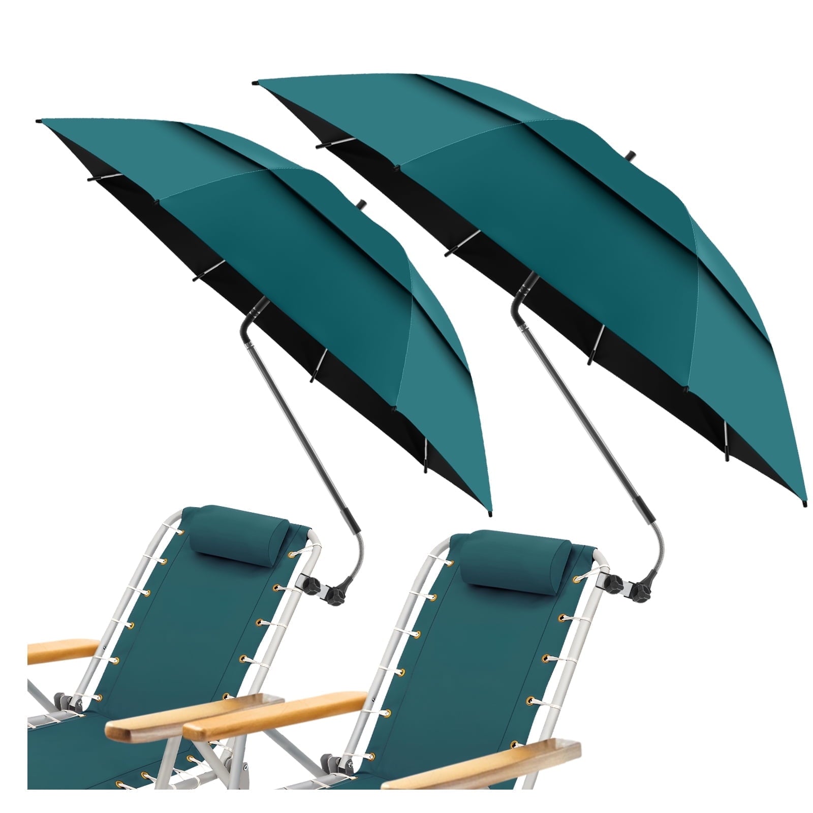 2 Pack 48.6" Double Canopy Umbrella with Clamp, UPF50+ Beach Chair Umbrella with clip, 360° Outdoor Wheelchair, Patio, Golf Carts,Camping(Blue, Not Include Chair)