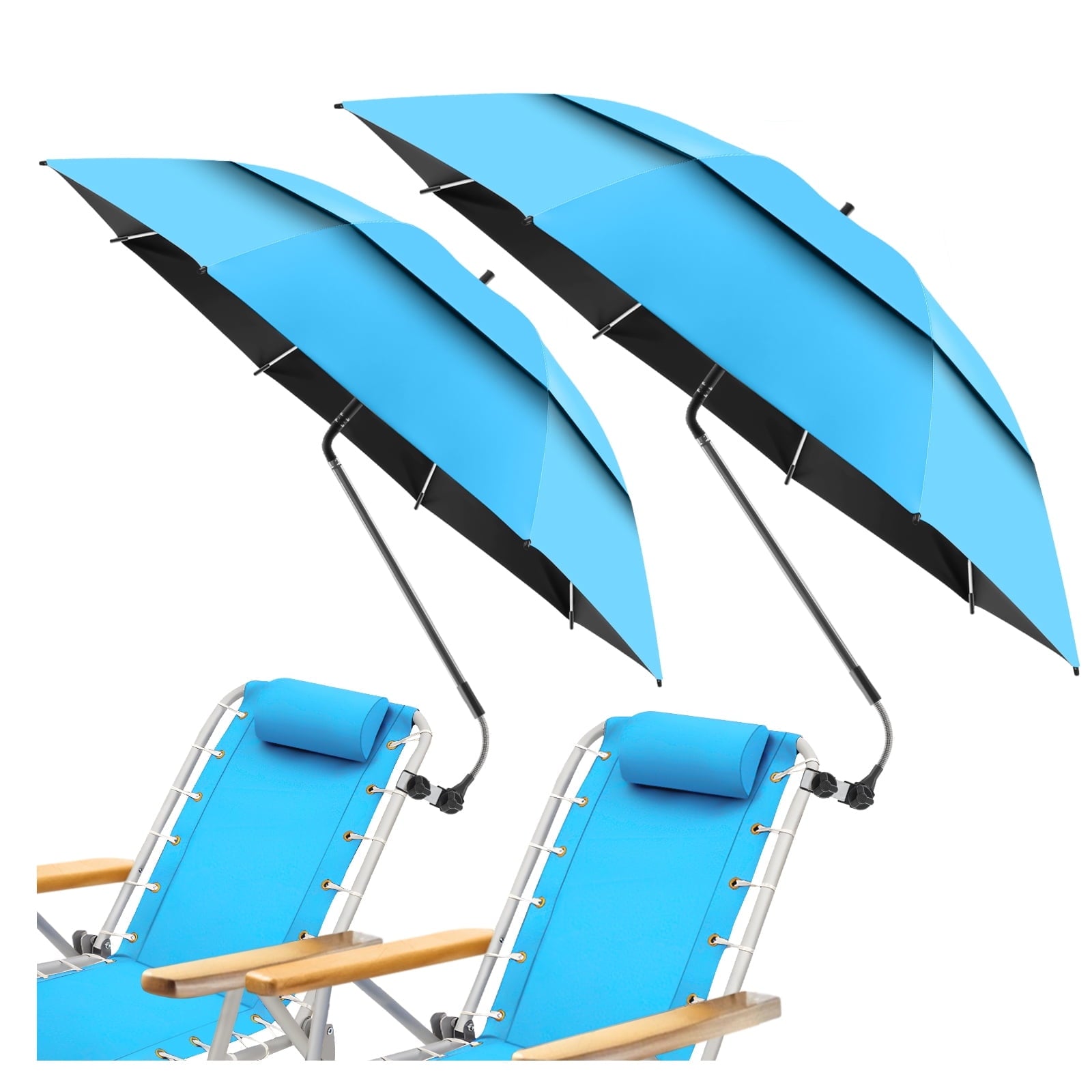 2 Pack 48.6" Double Canopy Umbrella with Clamp, UPF50+ Beach Chair Umbrella with clip, 360° Outdoor Wheelchair, Patio, Golf Carts,Camping(Blue, Not Include Chair)