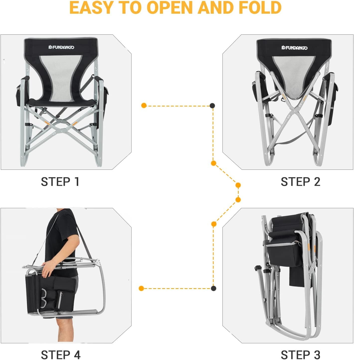 Black Folding Rocking Camping Chairs for Adults, Outdoor Rocking Chair for Camping, Rocker Supports Up to 300lbs, Camping Chairs for Outside, Black-Grey