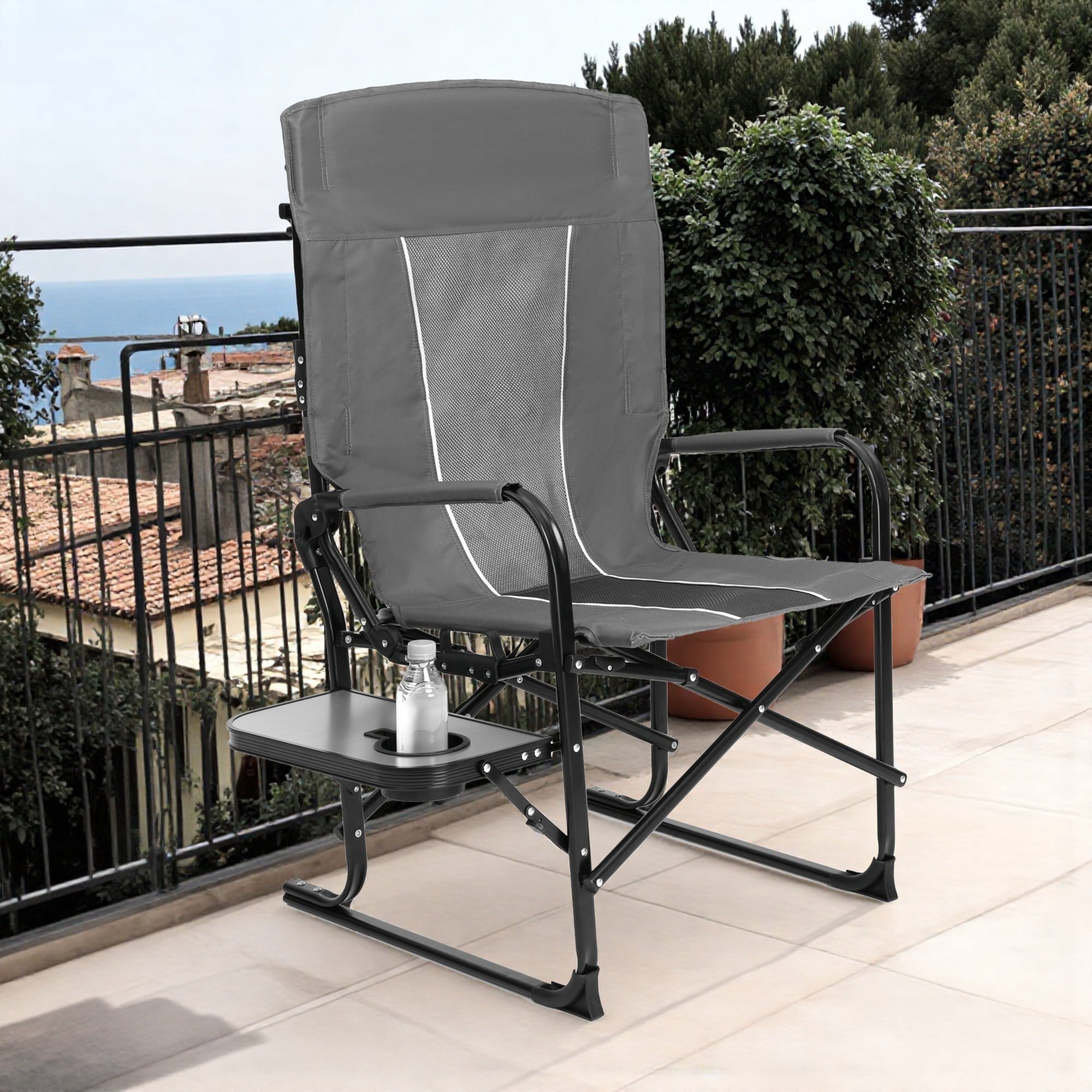 Camping Chair with Side Table - Folding Directors Chair for Outdoor, Beach, Backyard & Tailgating (Gray)