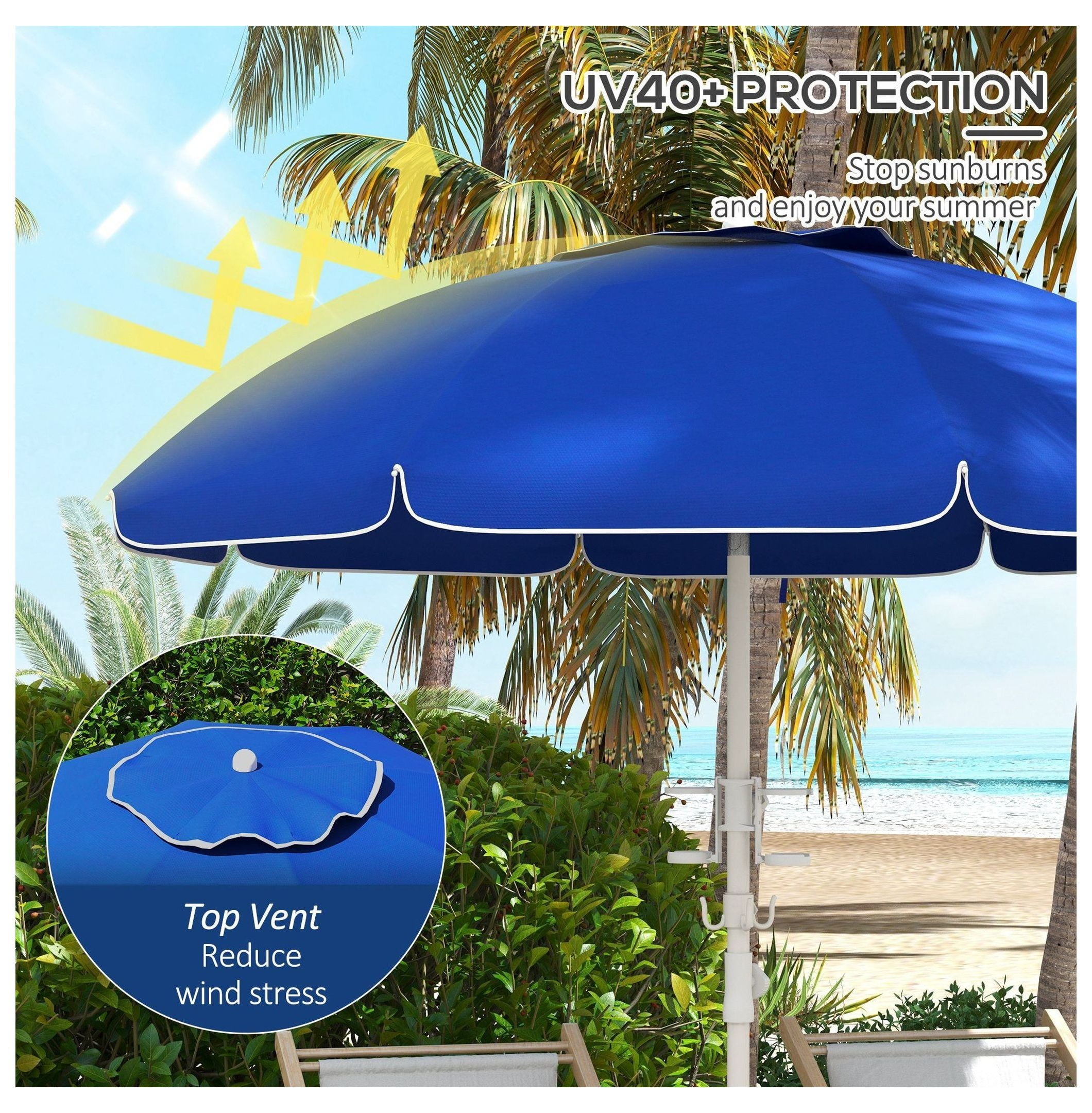 5.7ft Beach Umbrella with Tilt & Height, Umbrella with Cup Holders, Hook & Vent Ruffles, Blue