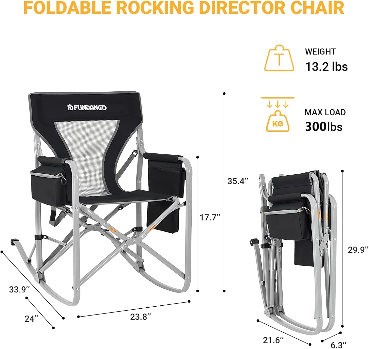 Black Folding Rocking Camping Chairs for Adults, Outdoor Rocking Chair for Camping, Rocker Supports Up to 300lbs, Camping Chairs for Outside, Black-Grey