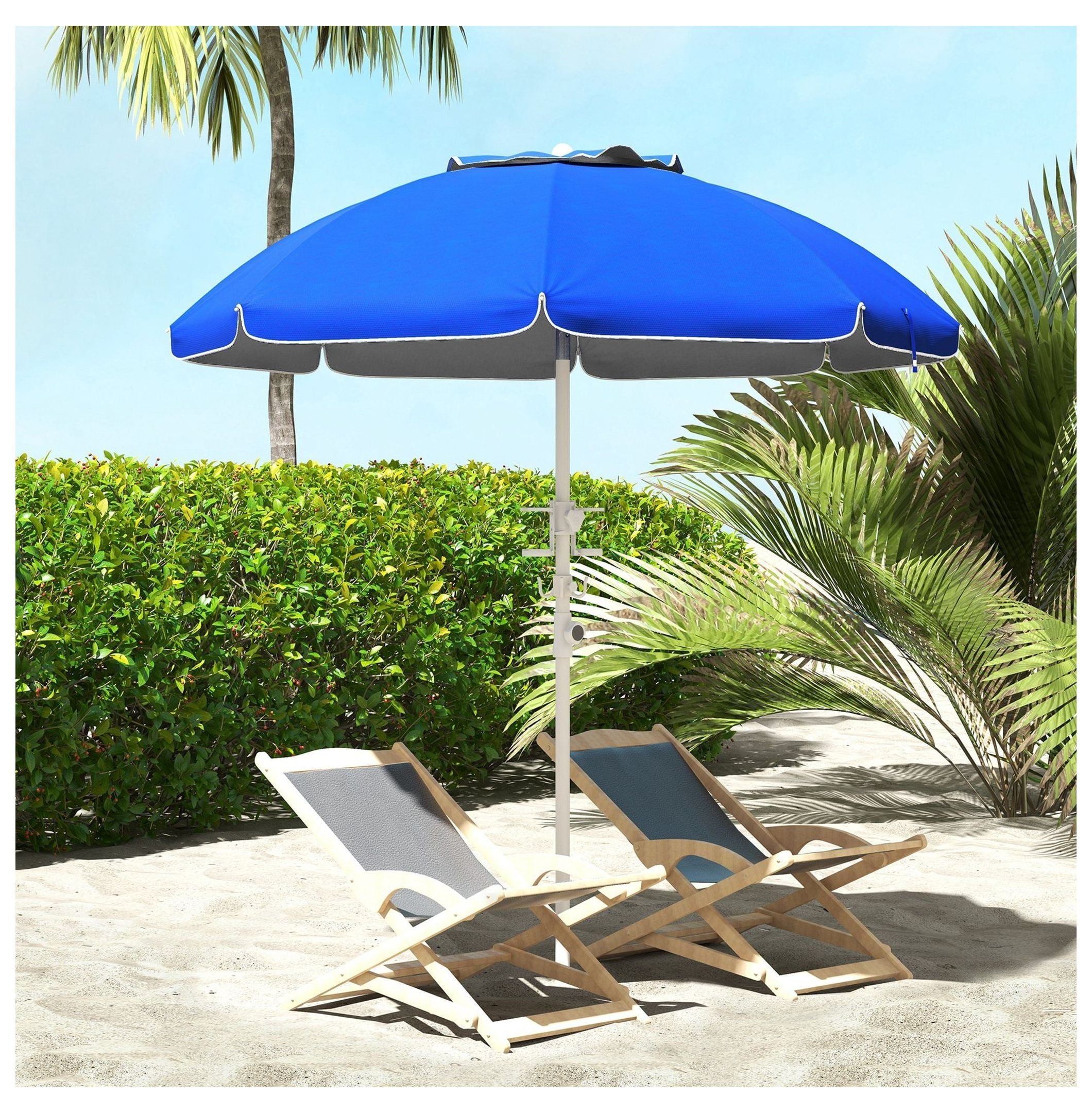 5.7ft Beach Umbrella with Tilt & Height, Umbrella with Cup Holders, Hook & Vent Ruffles, Blue