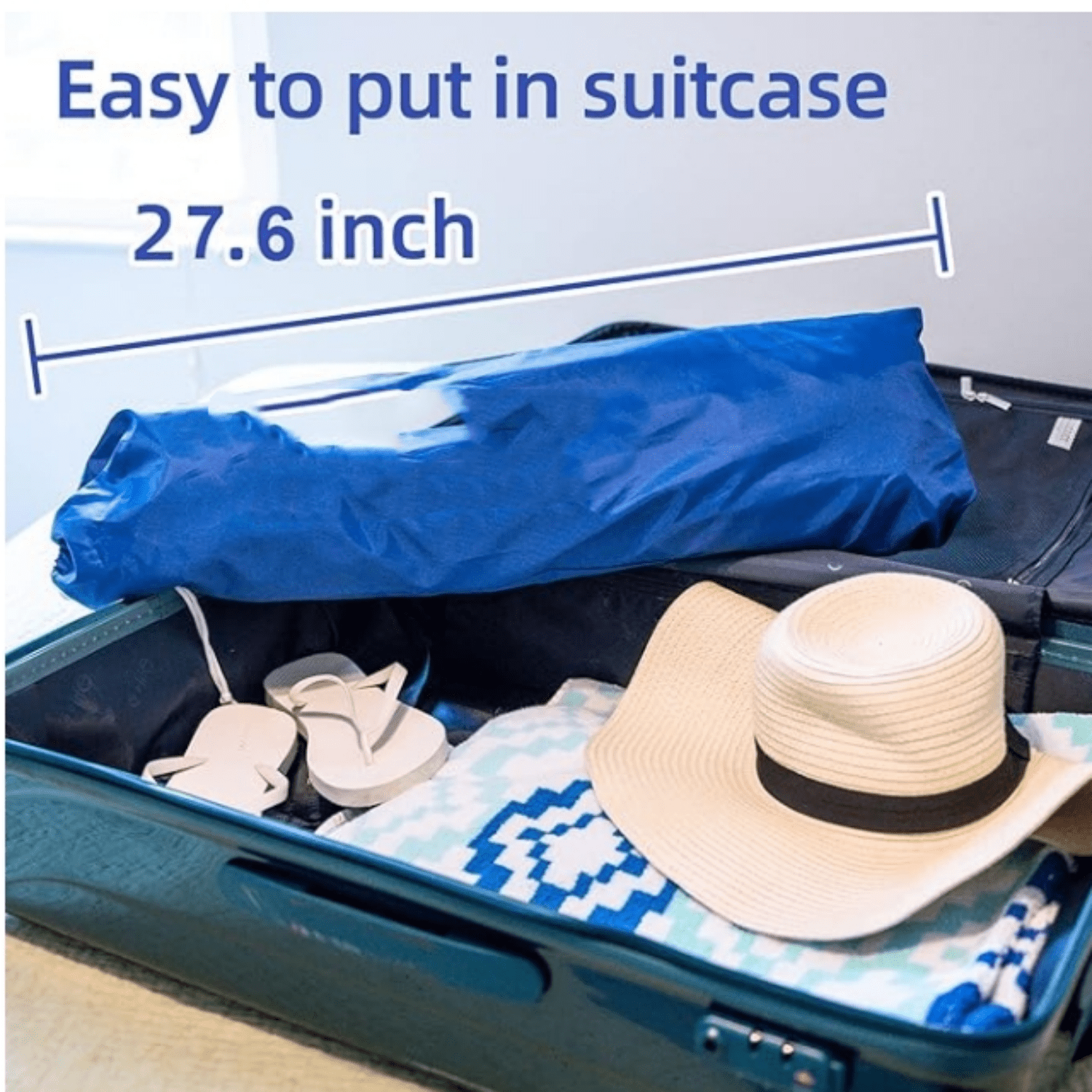 6.5ft folded beach umbrella with sand anchor windproof, Push Button Tilt and Air vent UPF 50+ Protection Fits in a large Suitcase for Patio Garden Beach Pool Backyard Blue