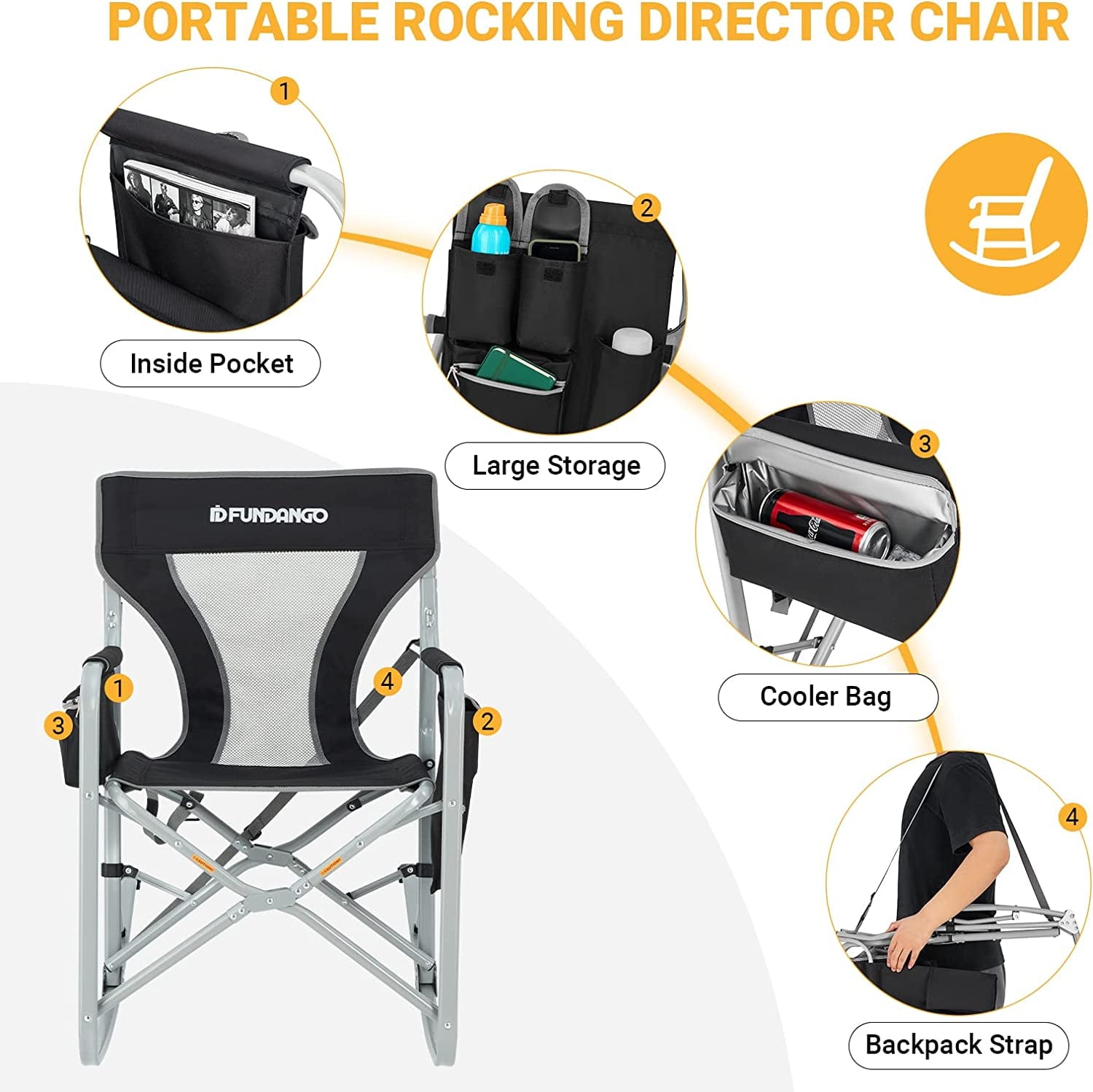 Black Folding Rocking Camping Chairs for Adults, Outdoor Rocking Chair for Camping, Rocker Supports Up to 300lbs, Camping Chairs for Outside, Black-Grey