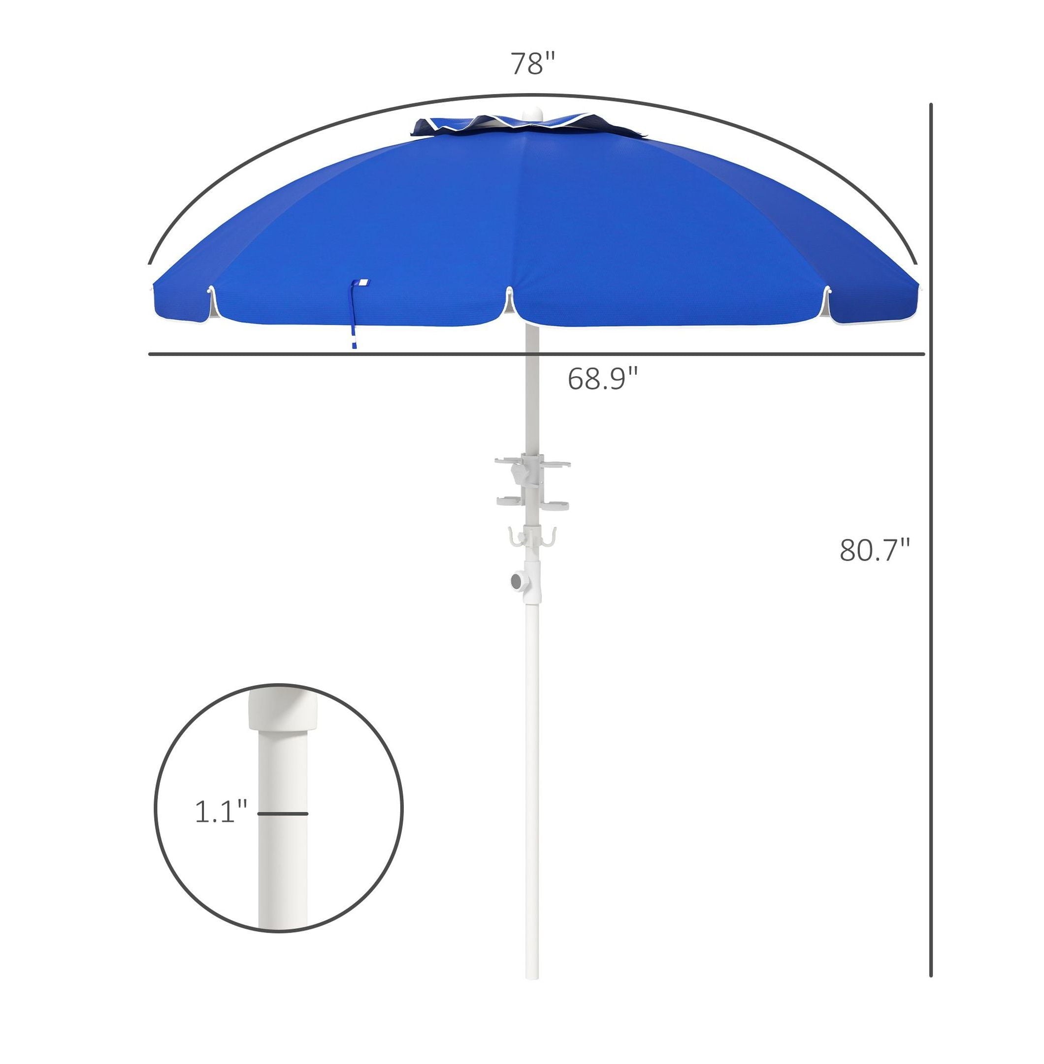 5.7ft Beach Umbrella with Tilt & Height, Umbrella with Cup Holders, Hook & Vent Ruffles, Blue