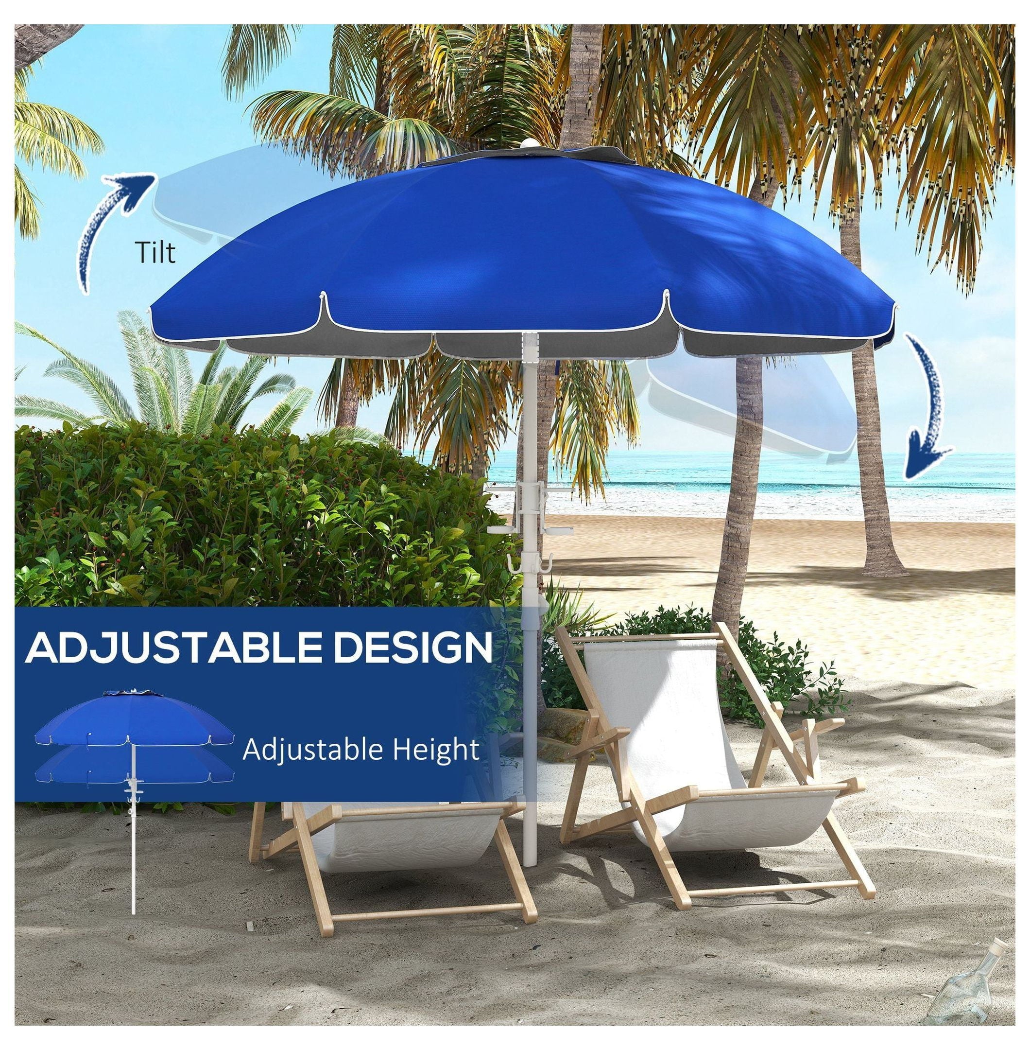 5.7ft Beach Umbrella with Tilt & Height, Umbrella with Cup Holders, Hook & Vent Ruffles, Blue