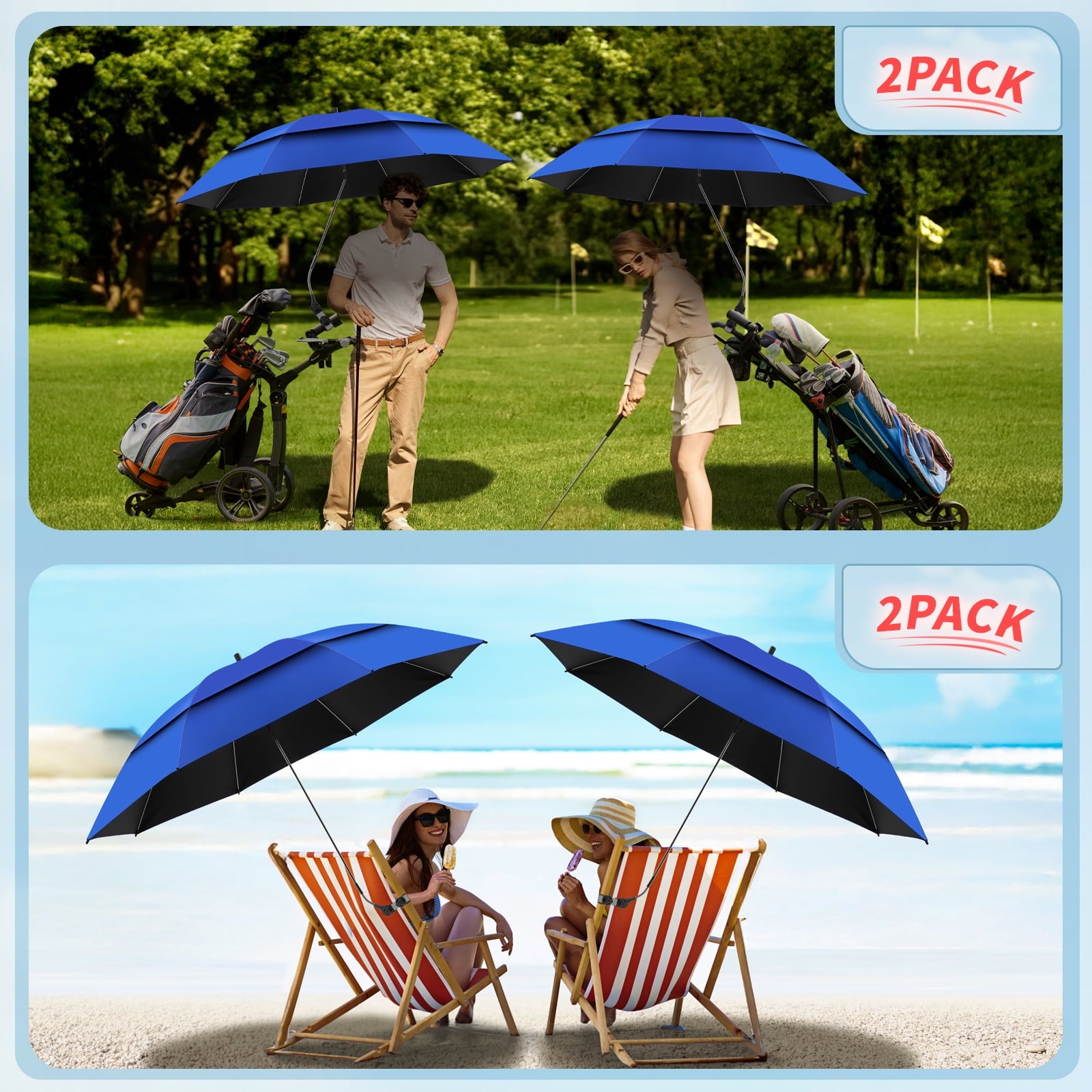 2 Pack 48.6" Double Canopy Umbrella with Clamp, UPF50+ Beach Chair Umbrella with clip, 360° Outdoor Wheelchair, Patio, Golf Carts,Camping(Blue, Not Include Chair)