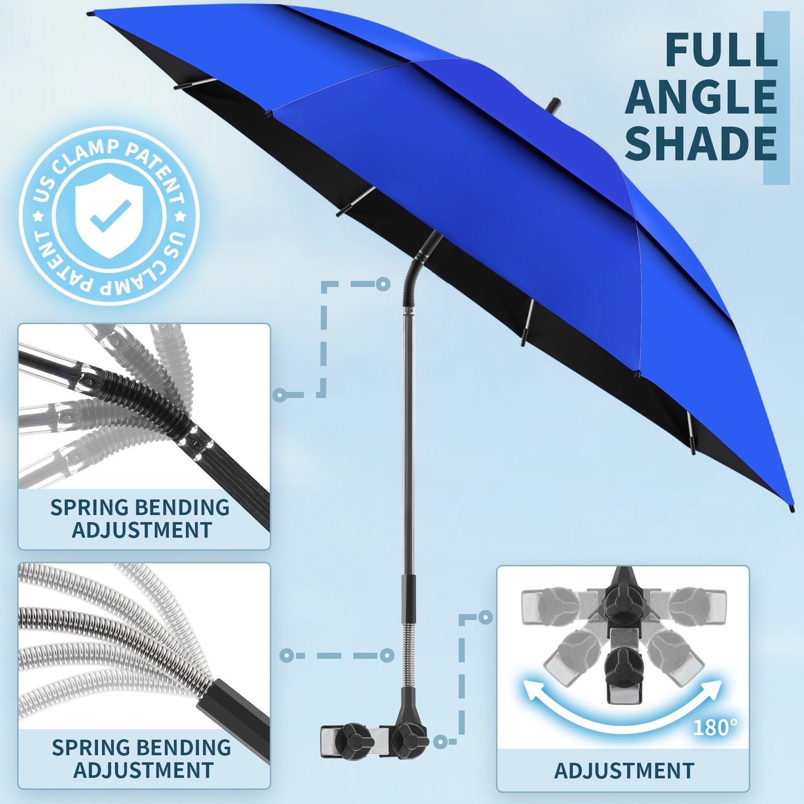 2 Pack 48.6" Double Canopy Umbrella with Clamp, UPF50+ Beach Chair Umbrella with clip, 360° Outdoor Wheelchair, Patio, Golf Carts,Camping(Blue, Not Include Chair)